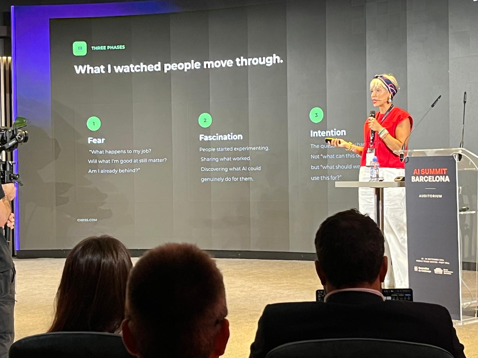Myriam Ben Farhat presenting the Three Phases slide at AI Summit Barcelona 2026