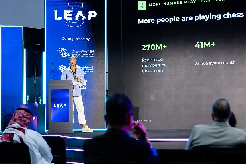 Myriam Ben Farhat at the podium presenting Chess.com growth at LEAP in Riyadh