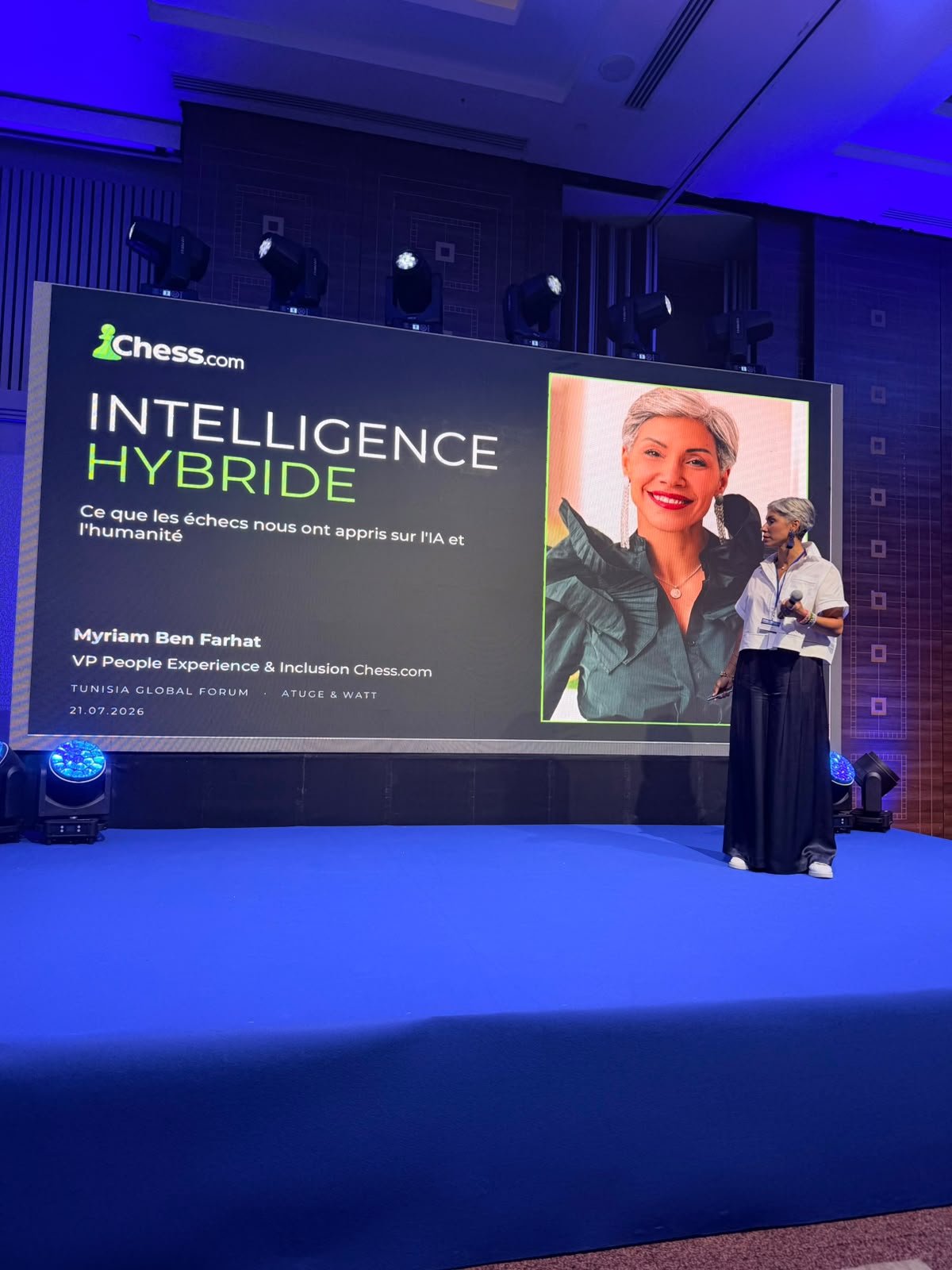 Myriam Ben Farhat delivering the Intelligence Hybride keynote at Tunisia Global Forum ATUGE