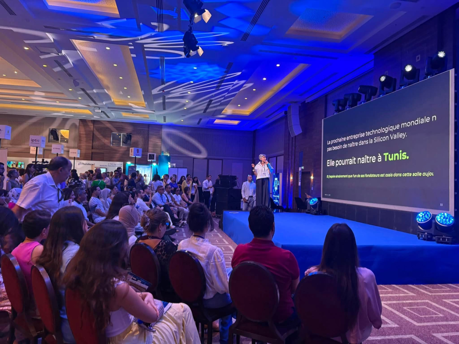 Myriam Ben Farhat addressing a full auditorium at Tunisia Global Forum ATUGE in Tunis